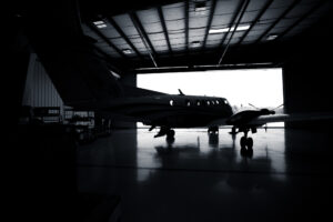 King Air 200 Black and White in the hangar