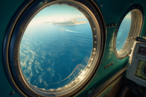 view out the window of a maritime surveillance aircraft over the ocean