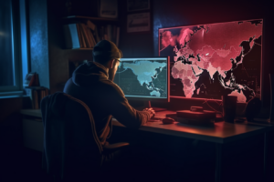 computer hacker working in his office